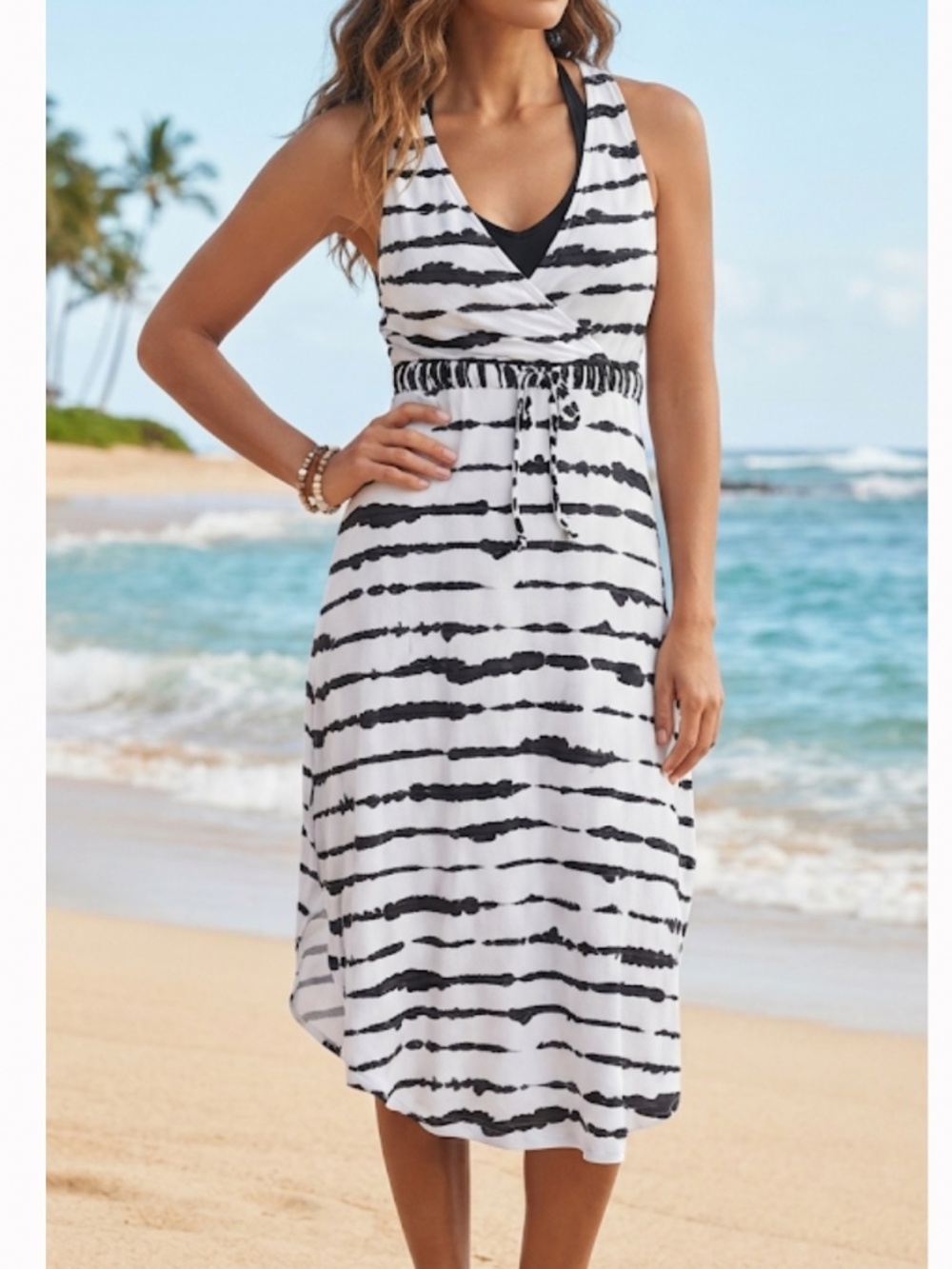 NWT LaBlanca Swim Cover Up Dress Black White Drawstring Waist Sleeveless Beach S